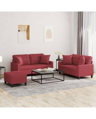 Ensemble de canapés 3 pcs et coussins rouge bordeaux similicuir | Mobilier & Déco
