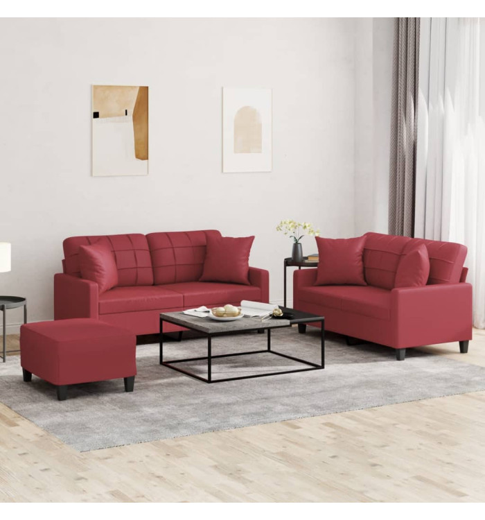 Ensemble de canapés 3 pcs et coussins rouge bordeaux similicuir | Mobilier & Déco