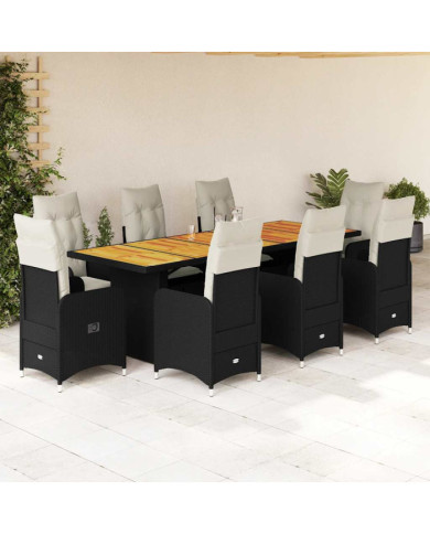 Ensemble de bistro de jardin 9 pcs coussins noir poly rotin | Mobilier & Déco