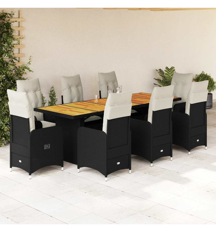 Ensemble de bistro de jardin 9 pcs coussins noir poly rotin | Mobilier & Déco