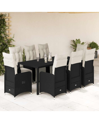 Ensemble de bistro de jardin 9 pcs coussins noir poly rotin | Mobilier & Déco