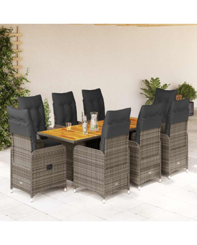 Ensemble de bistro de jardin 9 pcs coussins gris poly rotin | Mobilier & Déco