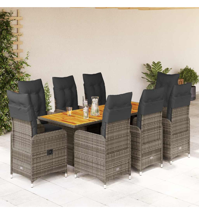 Ensemble de bistro de jardin 9 pcs coussins gris poly rotin | Mobilier & Déco