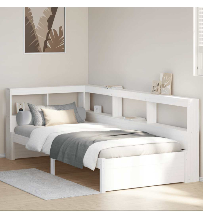 Lit bibliothèque sans matelas blanc 90x200cm bois de pin massif | Mobilier & Déco
