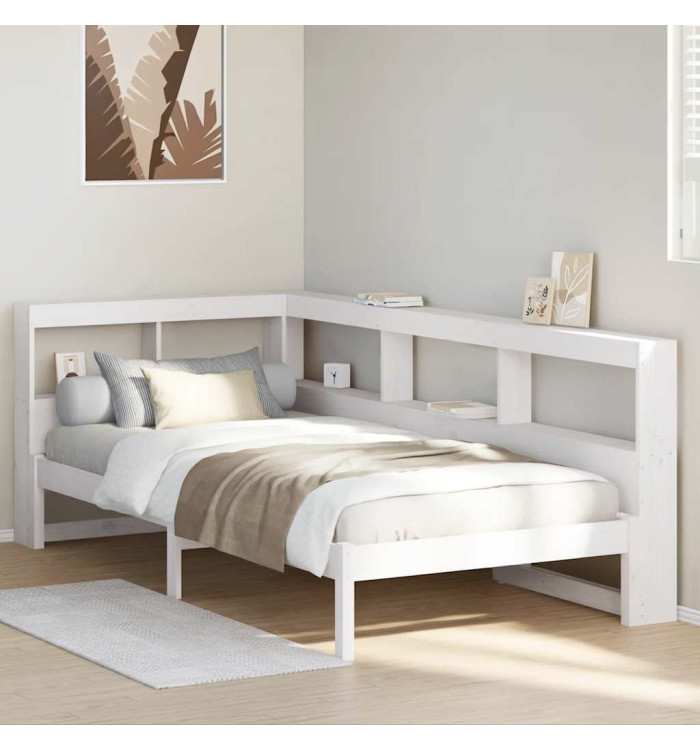 Lit bibliothèque sans matelas blanc 90x200cm bois de pin massif | Mobilier & Déco