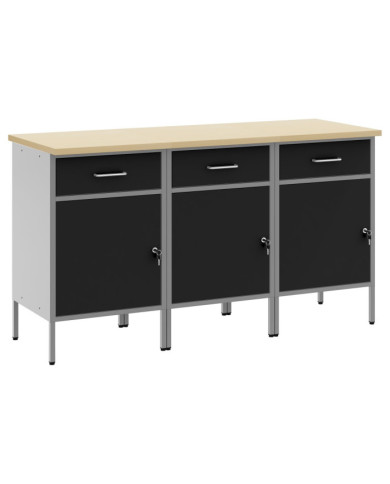 Armoire de boulot  3 pcs Noir et Gris en Bois d'ingénierie et Acier | Mobilier & Déco