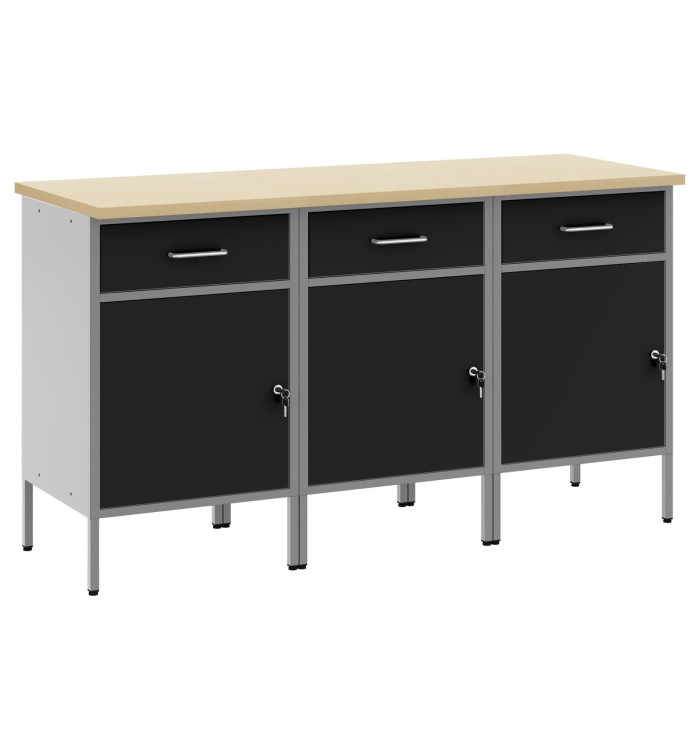 Armoire de boulot  3 pcs Noir et Gris en Bois d'ingénierie et Acier | Mobilier & Déco