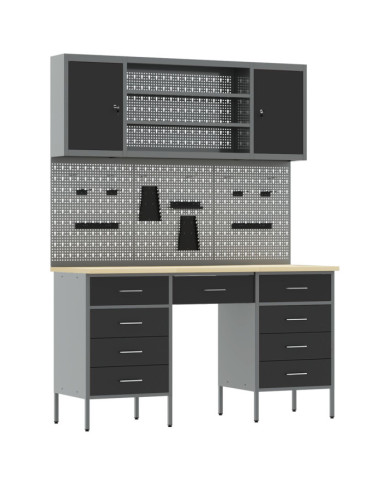 Ensemble de bureau et panneau de rangement 7 pièces noir MDF et métal | Mobilier & Déco