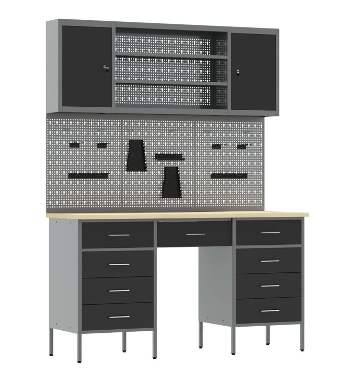 Ensemble de bureau et panneau de rangement 7 pièces noir MDF et métal | Mobilier & Déco