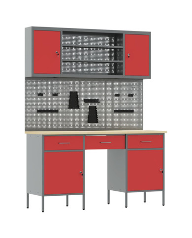 Set de banc de travail en acier rouge de 7 pièces | Mobilier & Déco