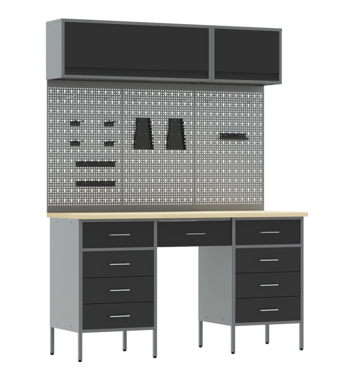 Set de 8 pièces de meuble de travail et tableau perforé Noir MDF et Métal | Mobilier & Déco