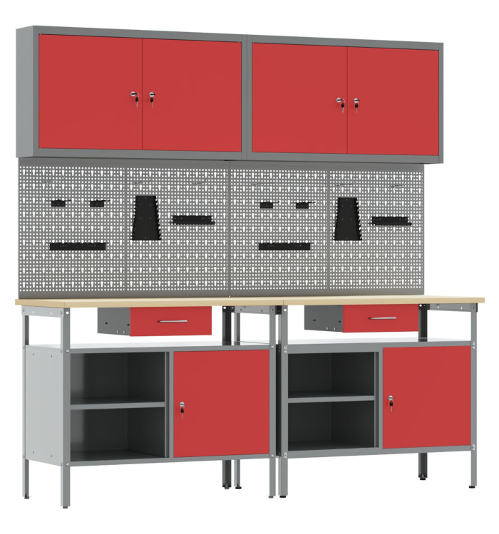 Ensemble de 8 pièces de banc de travail en acier rouge | Mobilier & Déco