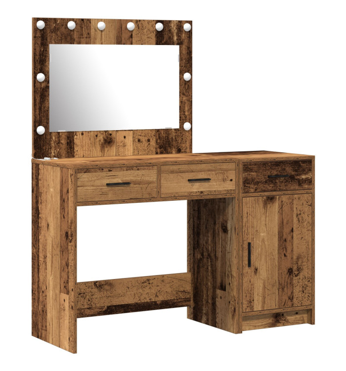 Ensemble de coiffeuse 2 pièces avec LED en bois vieilli en bois d'ingénierie | Mobilier & Déco