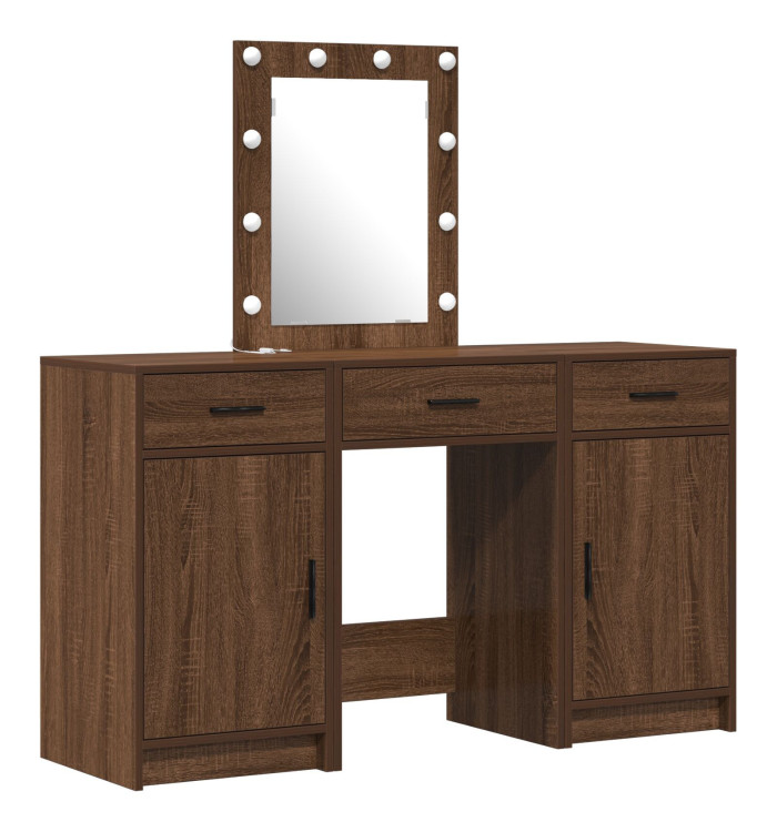 Ensemble coiffeuse 3 pièces avec LED en chêne noir en bois d'ingénierie | Mobilier & Déco