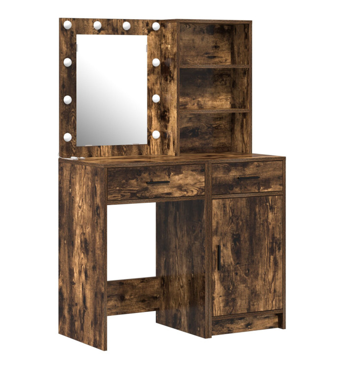 Ensemble de coiffeuse 2 pièces avec LED en chêne fumé en bois d'ingénierie | Mobilier & Déco