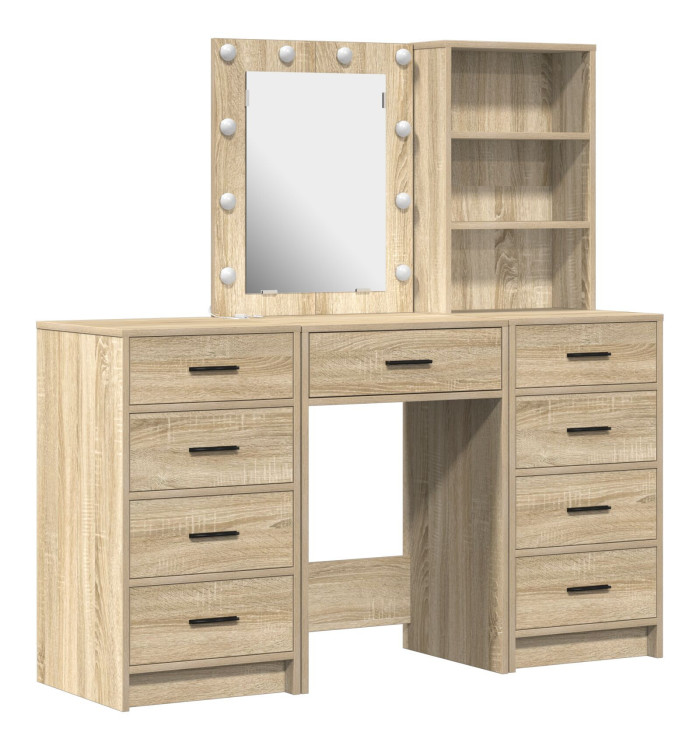 Ensemble de Table de Maquillage de 3 Pièces avec LED en Bois d'Ingénierie Chêne Sonoma | Mobilier & Déco