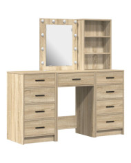 Ensemble de Table de Maquillage de 3 Pièces avec LED en Bois d'Ingénierie Chêne Sonoma | Mobilier & Déco