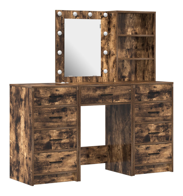 Ensemble de coiffeuse 3 pièces avec LED en chêne fumé en bois d'ingénierie | Mobilier & Déco