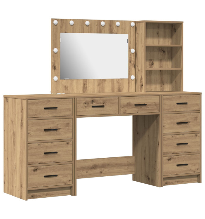 Ensemble de table de maquillage 3 pièces avec LED en chêne fait main en bois d'ingénierie | Mobilier & Déco