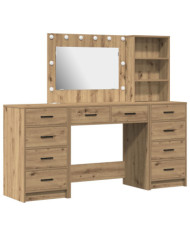 Ensemble de table de maquillage 3 pièces avec LED en chêne fait main en bois d'ingénierie | Mobilier & Déco