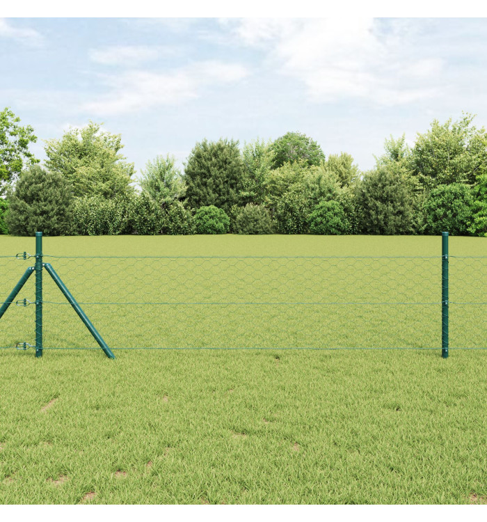Clôture Hexagonale Verte 0.4x100 m Acier, Poteaux de Clôture 13 pcs Verts Ø32 mm 80 cm Acier Galvanisé | Mobilier & Déco