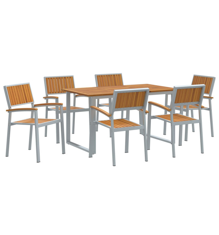 Ensemble de salle à manger de jardin 7 pièces en acier gris et bois d'acacia massif | Mobilier & Déco
