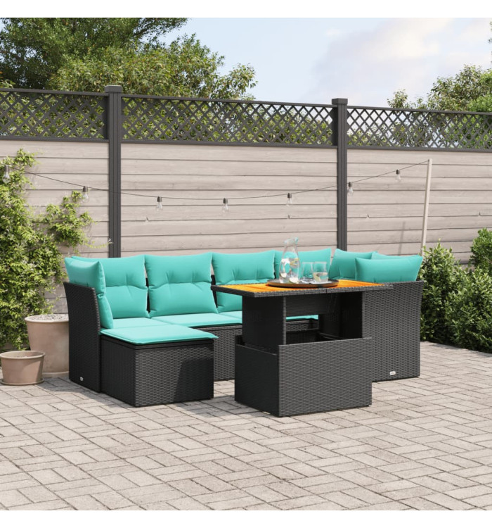 Salon de jardin 7 pcs avec coussins noir résine tressée | Mobilier & Déco