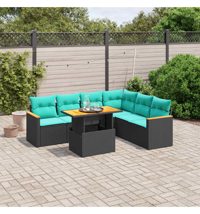Salon de jardin 7 pcs avec coussins noir résine tressée | Mobilier & Déco