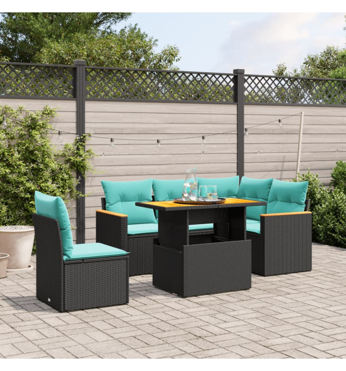 Salon de jardin 6 pcs avec coussins noir résine tressée | Mobilier & Déco