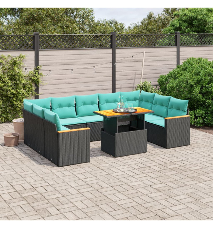 Salon de jardin 11 pcs avec coussins noir résine tressée | Mobilier & Déco