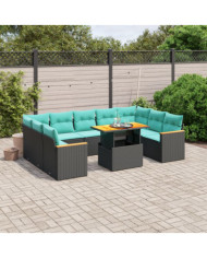 Salon de jardin 11 pcs avec coussins noir résine tressée | Mobilier & Déco