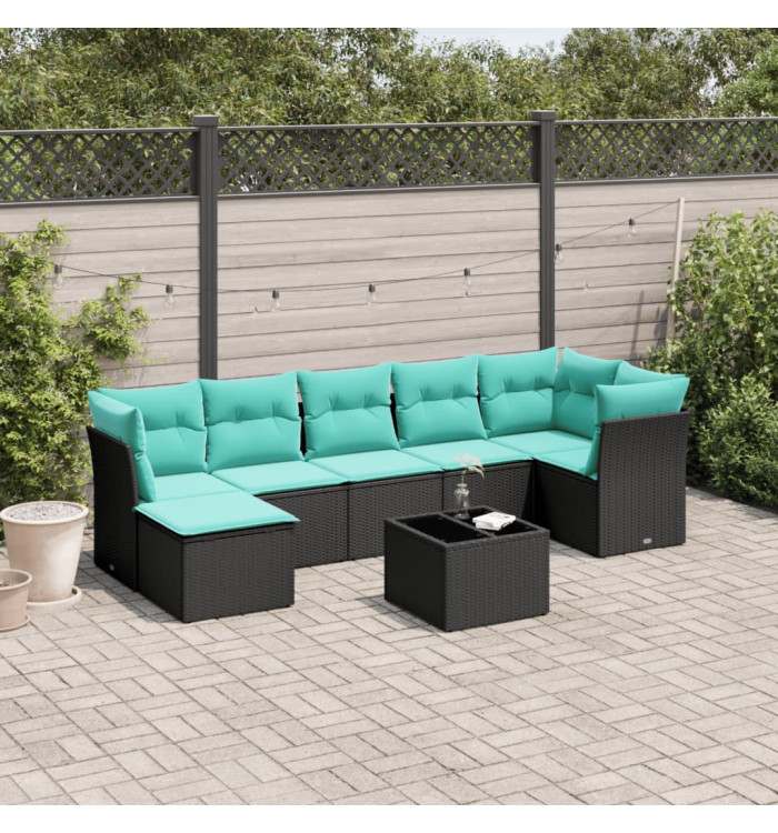 Salon de jardin 8 pcs avec coussins noir résine tressée | Mobilier & Déco