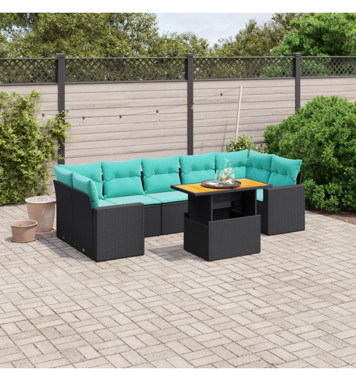 Salon de jardin 8 pcs avec coussins noir résine tressée | Mobilier & Déco