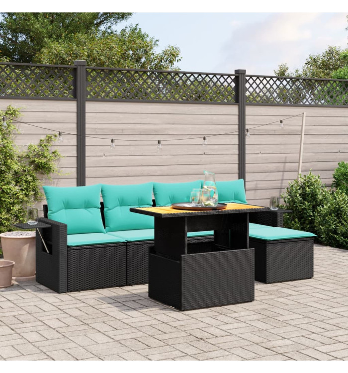 Salon de jardin 6 pcs avec coussins noir résine tressée | Mobilier & Déco