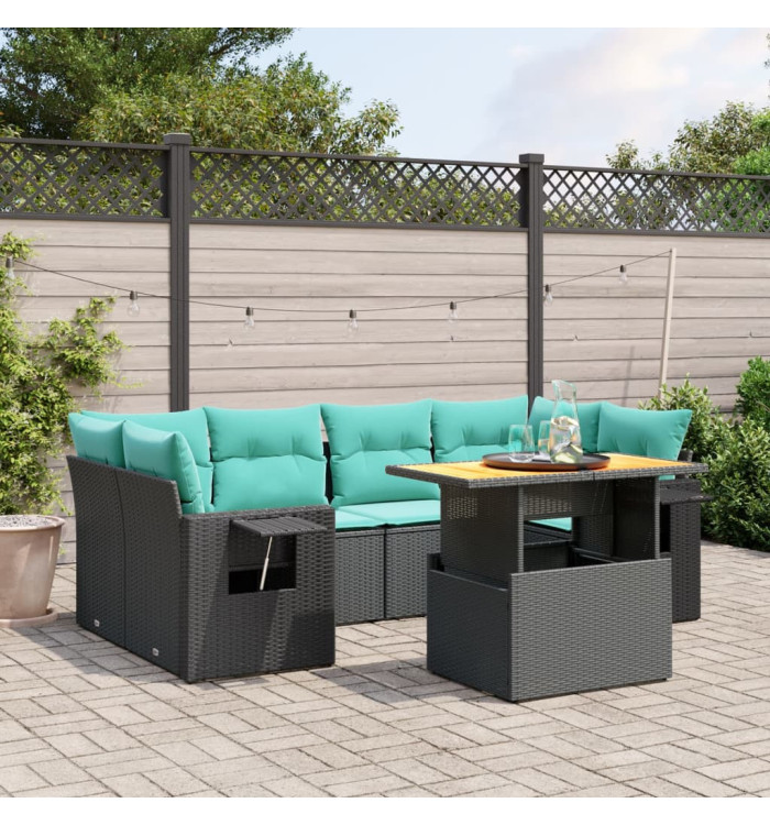 Salon de jardin 7 pcs avec coussins noir résine tressée | Mobilier & Déco