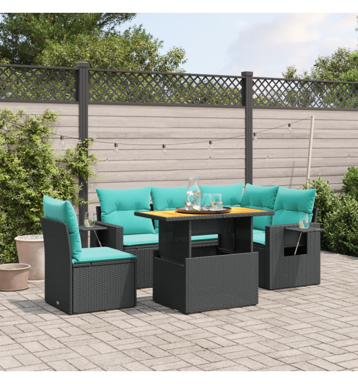 Salon de jardin 6 pcs avec coussins noir résine tressée | Mobilier & Déco