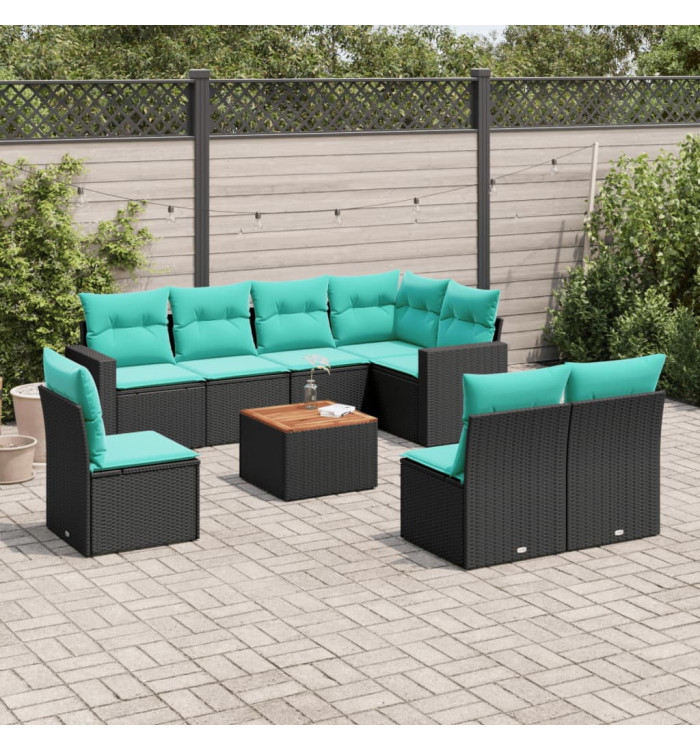 Salon de jardin 9 pcs avec coussins noir résine tressée | Mobilier & Déco