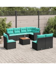 Salon de jardin 9 pcs avec coussins noir résine tressée | Mobilier & Déco