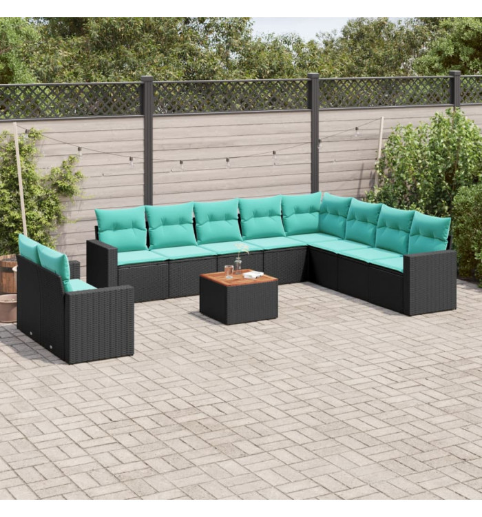 Salon de jardin 11 pcs avec coussins noir résine tressée | Mobilier & Déco