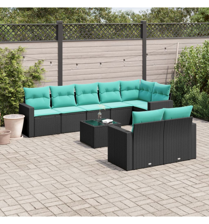 Salon de jardin 9 pcs avec coussins noir résine tressée | Mobilier & Déco