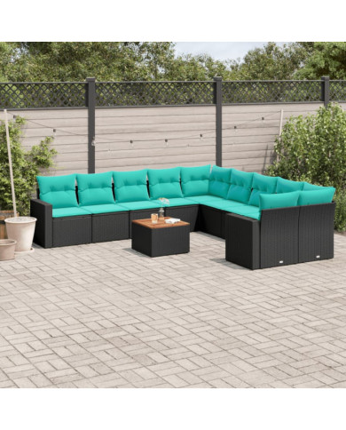 Salon de jardin 11 pcs avec coussins noir résine tressée | Mobilier & Déco