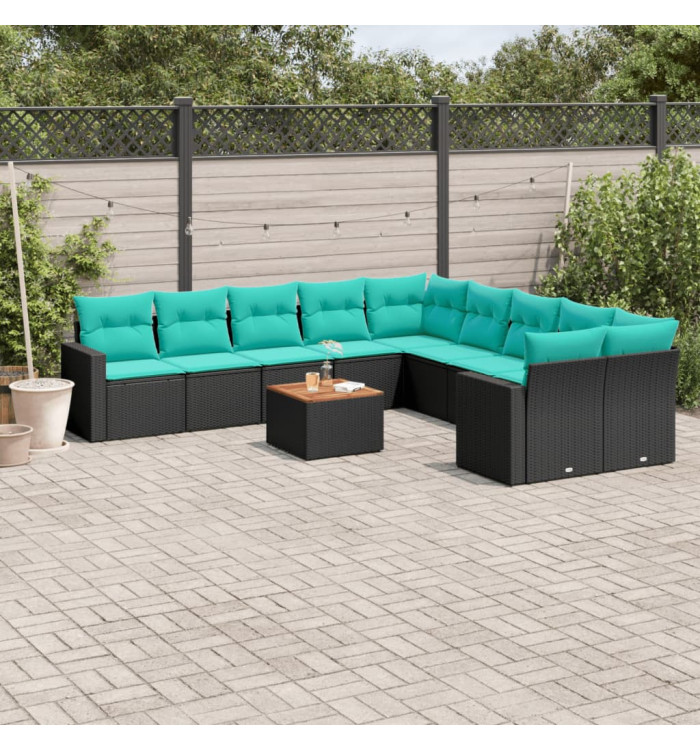 Salon de jardin 11 pcs avec coussins noir résine tressée | Mobilier & Déco