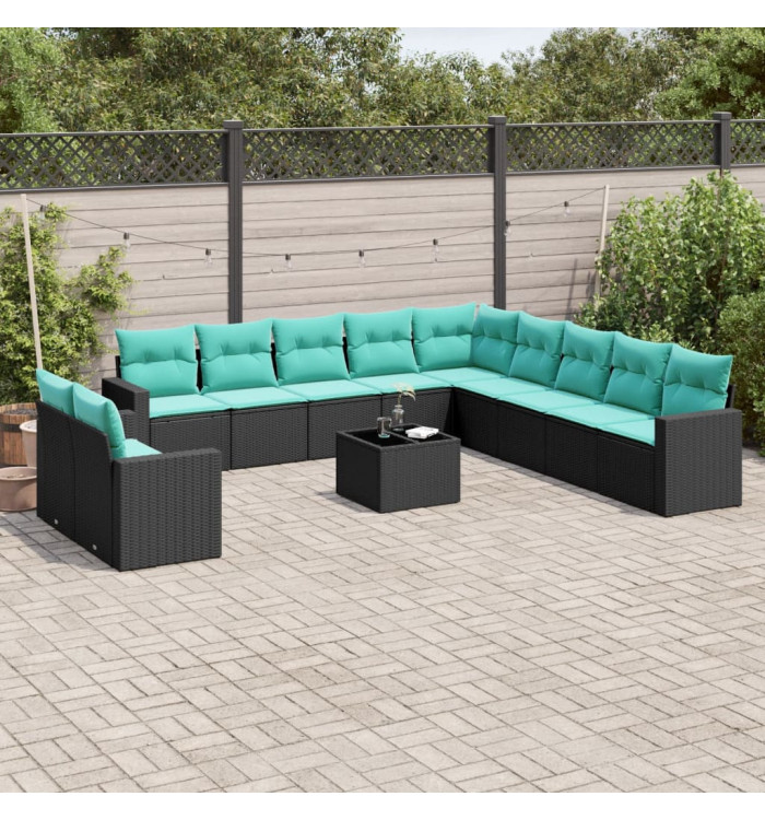 Salon de jardin avec coussins 12 pcs noir résine tressée | Mobilier & Déco