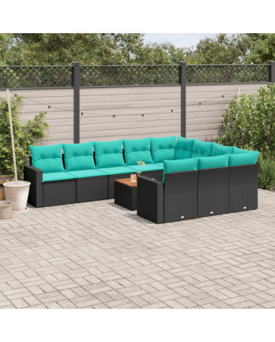 Salon de jardin 11 pcs avec coussins noir résine tressée | Mobilier & Déco