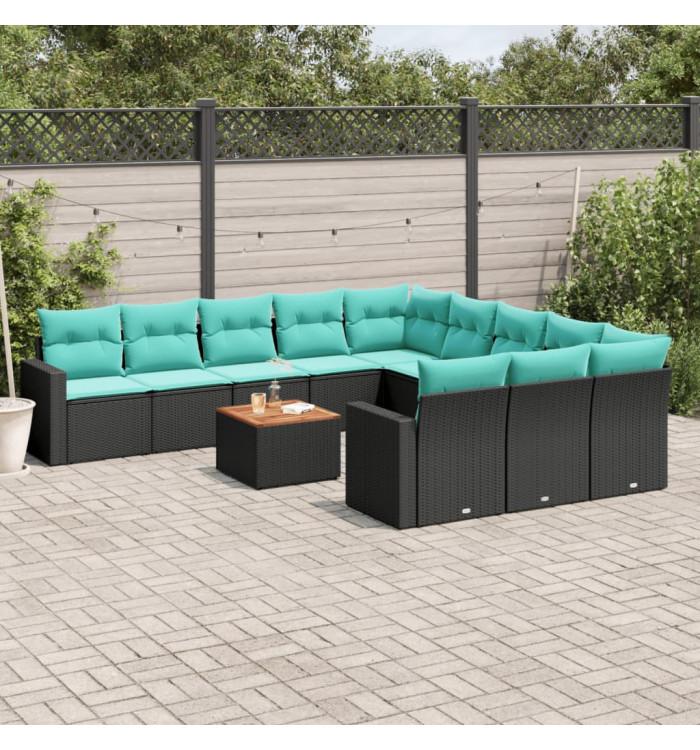 Salon de jardin avec coussins 12 pcs noir résine tressée | Mobilier & Déco