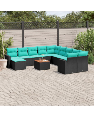 Salon de jardin avec coussins 12 pcs noir résine tressée | Mobilier & Déco