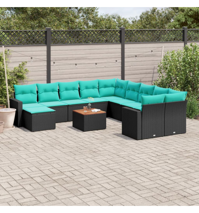 Salon de jardin avec coussins 12 pcs noir résine tressée | Mobilier & Déco