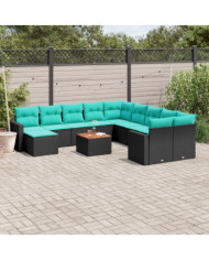 Salon de jardin avec coussins 12 pcs noir résine tressée | Mobilier & Déco
