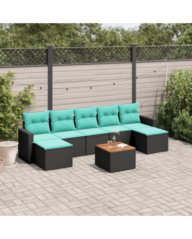 Salon de jardin 8 pcs avec coussins noir résine tressée | Mobilier & Déco
