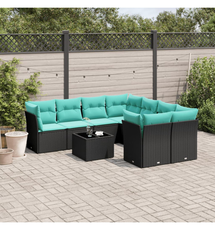Salon de jardin 9 pcs avec coussins noir résine tressée | Mobilier & Déco